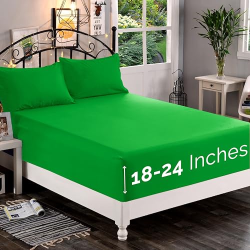 Elegant Comfort 1500 Premium Quality Fitted Sheet Ultra Soft 18-24 Inch Extra Deep Pocket - Single Fitted Sheet for High Mattress - Wrinkle Free with Smart Storage Pockets, Queen, Emerald Green
