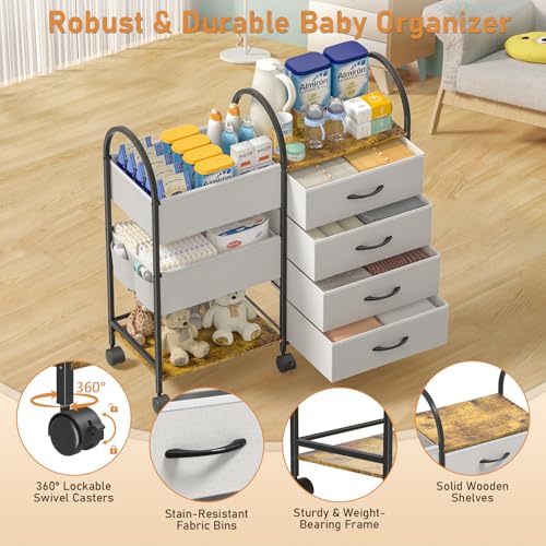 ONWAYHOME Baby Diaper Caddy Organizer Cart with Wheels, 4-Tier Rolling Diaper Cart with Dividers and Drawers, Multi-Layer Nursery Storage for Diapers & Baby Essentials - Thumbnail 6