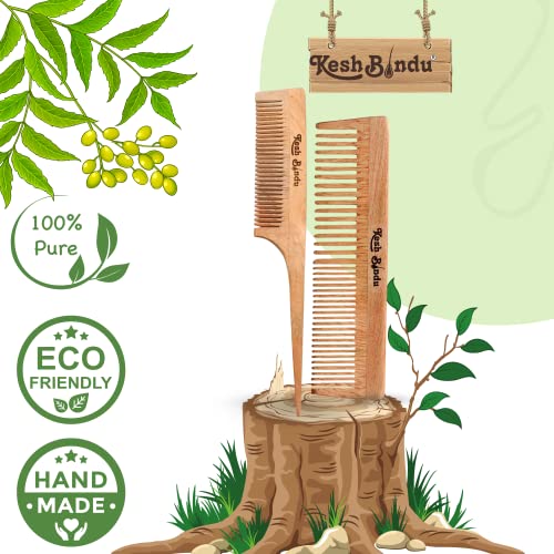 Image of Handmade Kacchi Neem Wooden Comb For Men & Women Detangling, Frizz Control & Shine, Suited For All Hair Diffrent Type of Kangi Combo Pack 2pis (Tel + Dual Tooth)