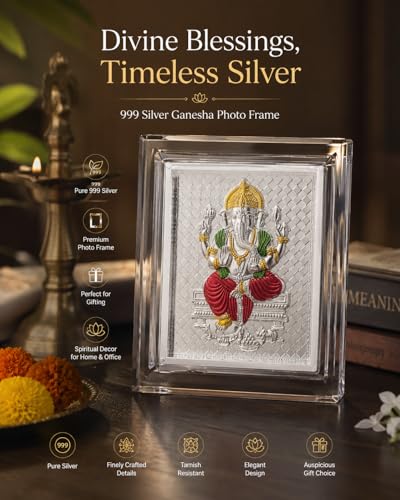 Image of 999 Silver Meenakari Ganpati Bappa Photo Frame for Home & Puja Room | Designer Vighnaharta Gajanan Ganesh Silver Tasveerfor Office Desk, Car Dashboard, Auspicious Gift for Housewarming, Return Gifts- 11x9x4 CM