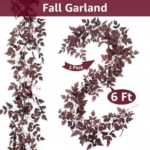 Image of Neutral Fall Garland for Mantle Fireplace - 2 Pack 6Ft Plum Cimicifuga Seeded Leaf Garlands Purple Autumn Decor Table Decorations for Home Indoor Door Halloween Realistic Leaves Garlands Outdoor