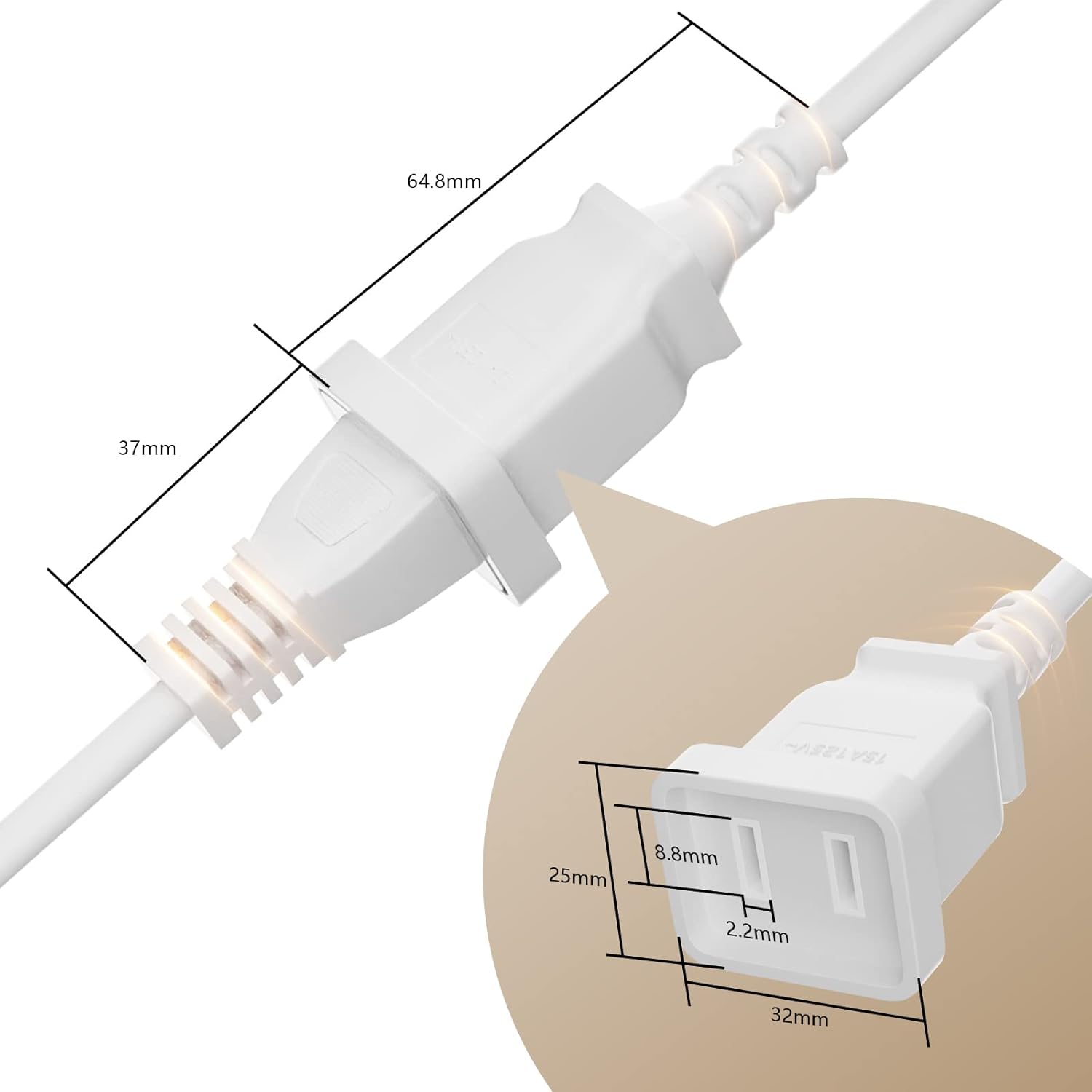 White 2 Prong Power Extension Cord 6ft, BolAAzuL Short US Male-Female Single Plug Extension Power Cable 16AWG 13A/125V SPT2 Insulated, 2 Outlet Saver Small Extension Cable 1.8m for Indoor