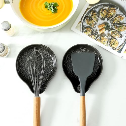 Image of Farmhouse Ceramic Spoon Rests Holder for Kitchen Counter Stove Top (Black-A3)