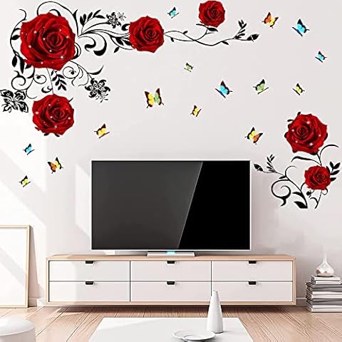 Supzone Red Rose Wall Stickers Rose Flower Vine Wall Decal Red Peony Floral Wall Decor DIY Vinyl Mural Art for Bedroom Living Room Sofa Backdrop TV Wall Decoration Cover