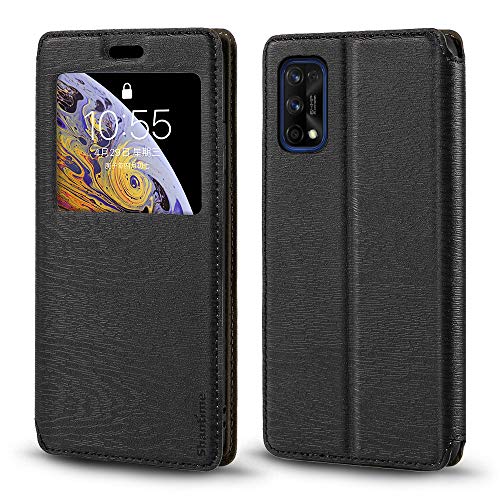 Oppo Realme 7 Pro Case, Wood Grain Leather Case with Card Holder and Window, Magnetic Flip Cover for Oppo Realme 7 Pro