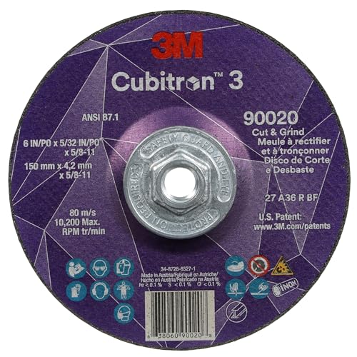 Image of 3M Cubitron 3 Cut and Grind Wheel, 90020, 36+, T27, 6 in x 5 /32 in x 5 /8 in-11, Pack of 10, ANSI, Longer Life, Faster Cut, Back-Gouging, Fillet Weld Removal, Cutting, Grinding