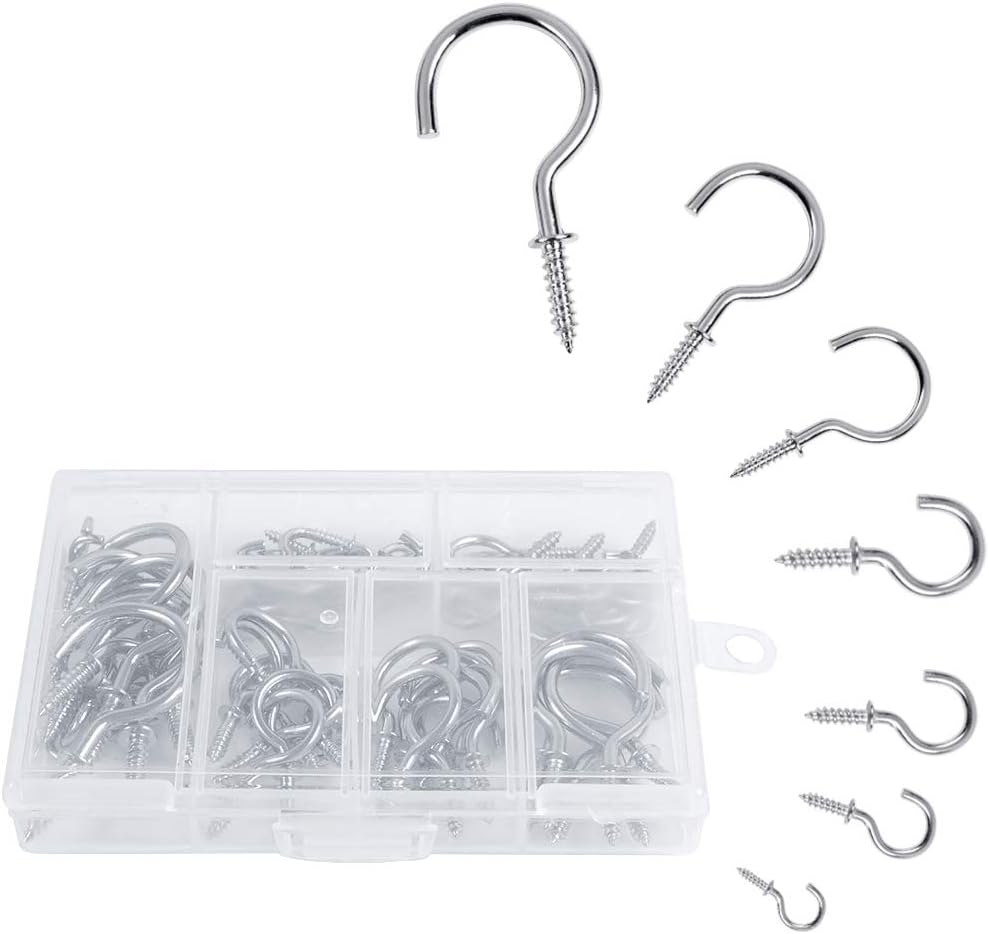 60PCS Screw Hooks, Cup Hooks Heavy Duty, Small Hanging Hooks, Drop Ceiling Hooks Screw for Hanging Plants, Cups, Kitchen Cabinet Shelf, 7 Sizes (Silver)