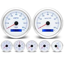 ARTILAURA 7 Gauge Set 3-3/8" 85mm GPS Speedometer, Tachometer, 2-1/16" Fuel Level, Water Temperature, Oil Pressure, Volt, Trim 7 Color Marine Boat Gauges Kit White