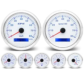ARTILAURA 7 Gauge Set 3-3/8" 85mm GPS Speedometer, Tachometer, 2-1/16" Fuel Level, Water Temperature, Oil Pressure, Volt, Trim 7 Color Marine Boat Gauges Kit (White)