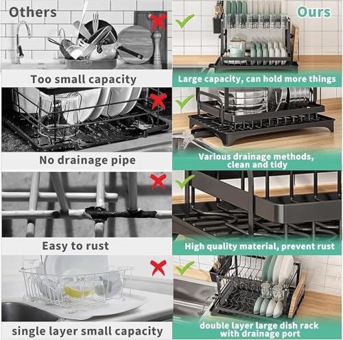 Image of Dish Organizer Rack,Carbon Steel Kitchen Dish Drying Rack, Rust-Proof Countertop Dish Organizer with Cup Holder, Portable Compact Dish Rack for Cup, Plates, Bowl, Spoons(YK-11)