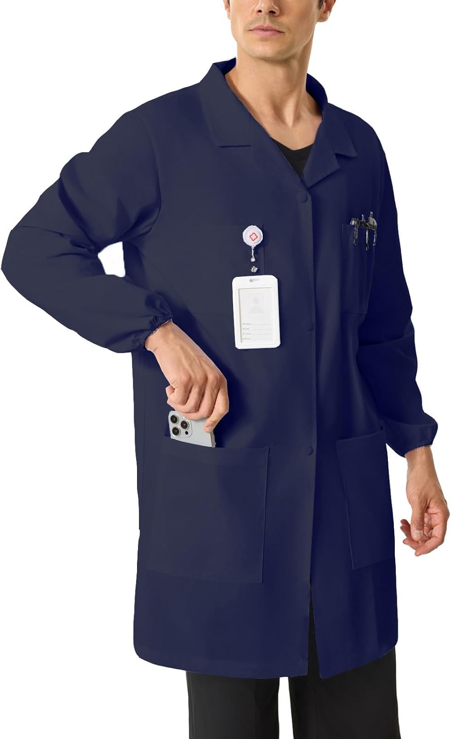 Men's Lab Coats Snap Closure 4 Pockets Elastic Cuffs Professional Medicas Long Sleeve Labcoats Scientist College
