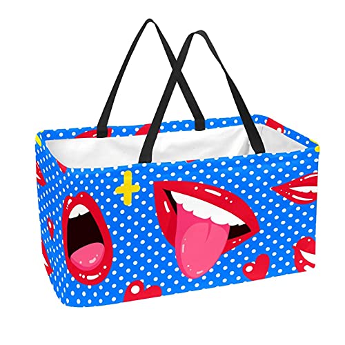 Panier de courses pliable et lavable grand sac de rangement motif lèvres multicolore