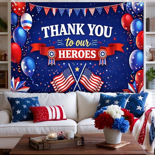 Image of BlissYard Thank You Heroes Backdrop 8x6ft 4th of July Patriotic Party Banner Veterans Appreciation Decorations Military Appreciation Decor Independence Day Celebration Patriotic Event Decoration