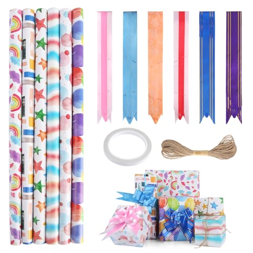 6 Bögen Geschenkpapier Set für Geburtstag und Einschulung - Mit Schleife und Doppelseitig Klebend - Kinder-Geschenkpapier Rolle (50x70cm)