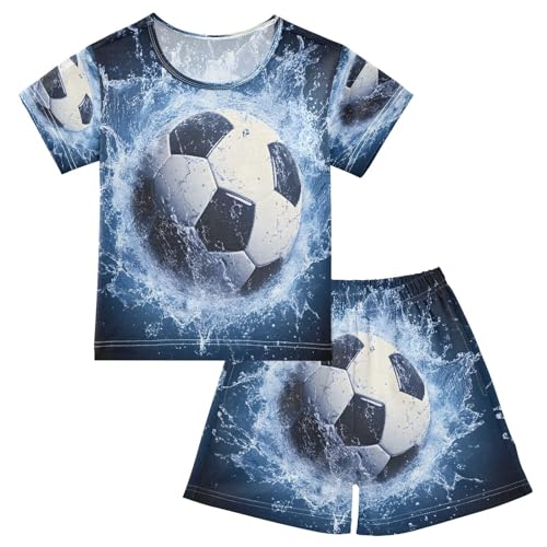 ALAZA Soccer Football Blue Water Pajamas Set Short Sleeve Cotton Sleepwear Summer Pjs 2 Piece 5-14Y