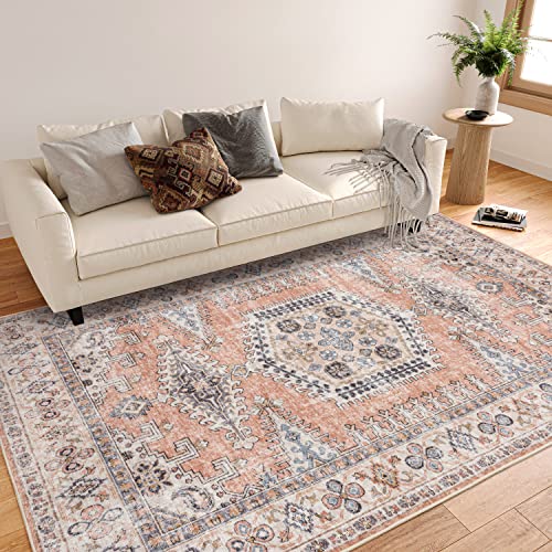 Valenrug Washable Area Rug 6X9 - Ultra-Thin Antique Collection, Stain Resistant Rugs For Living Room Bedroom, Distressed Persian Boho Rug(Peach/Yellowish, 6'X9') #TOP3