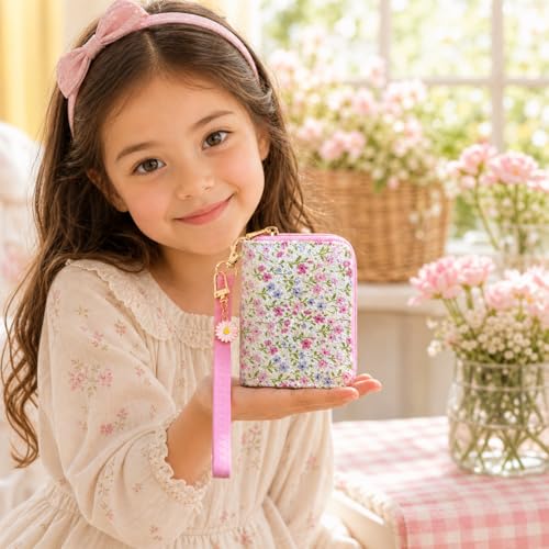 Image of AACKS Flower Wallets with Strap Little Girls Flower Coin Pouch Small Cute Wallet for Teen Girls with Coin Pocket Cherry Fruit Wallet