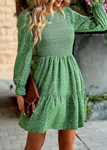 Image of KIRUNDO Long Sleeve Dress for Women 2025 Summer Fall Wedding Guest Smocked Floral Crewneck Ruffle A Line Flowy Mini Dress