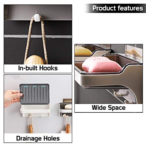 Image of KKD Plastic Self Adhesive Soap Holder Stand /Dish with Hanging Hooks - Wall Mounted, Bathroom Accessories /Organizer