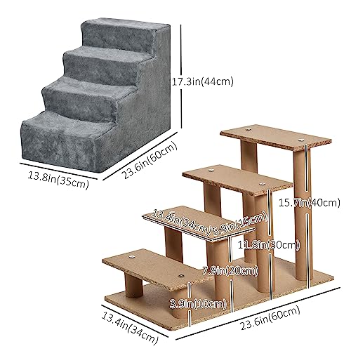 PawHut Dog Steps for Sofa, 4 Steps Dog Stairs, Pet Stairs, with Washable Plush Cover, for Small Breeds, Cats - Light Grey - Image 4