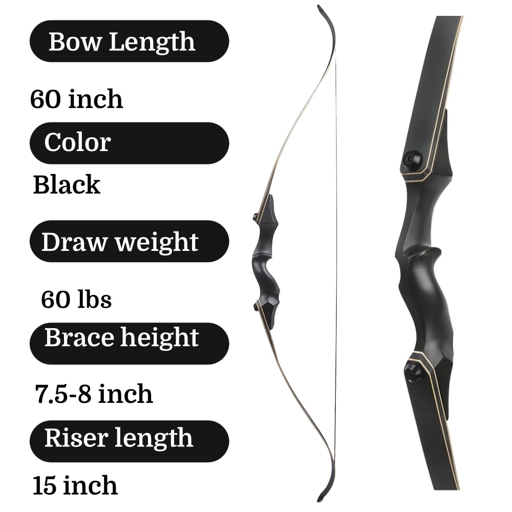 60" Jagd-Recurvebogen-Set für Erwachsene – 60 lbs Magnesiumlegierung Abnehmbarer Bogengriff, Rechtshänder, für Outdoor-Schießen