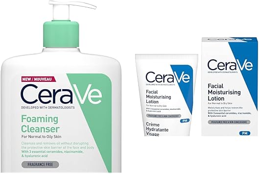 CeraVe Foaming Cleanser for Normal to Oily Skin 1 Litre with Niacinamide and 3 Essential Ceramides & PM Daily Facial Moisturiser Lotion 52ml with Niacinamide and 3 Essential Ceramides