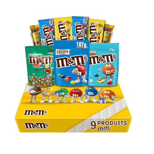 M&M's - Coffret Cadeau – Assortiment Gourmand 9 Produits Variés | Chocolats, Biscuits, Crispy, Peanut, Caramel Salé & Minis – Idée Cadeau Noël, Anniversaire, Secret Santa & Fêtes