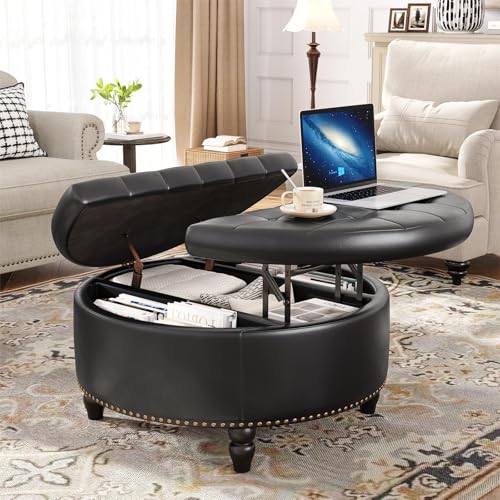 Vabches 30 Inch Round Storage Ottoman,Modern Button Tufted Coffee Table with Lift Top, Large Round Leather Ottoman Upholstered Footrest Stool Toy Blanket Storage for Living Room, Black