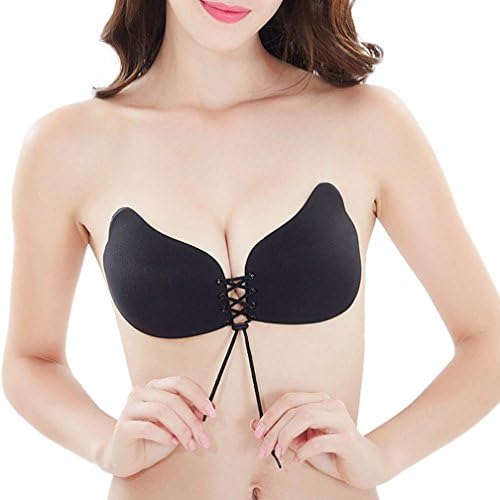 KACASUN Push Up Self Adhesive Silicone Bra - Invisible Strapless Bra with Drawstring for Women (Cup C, Black-1)