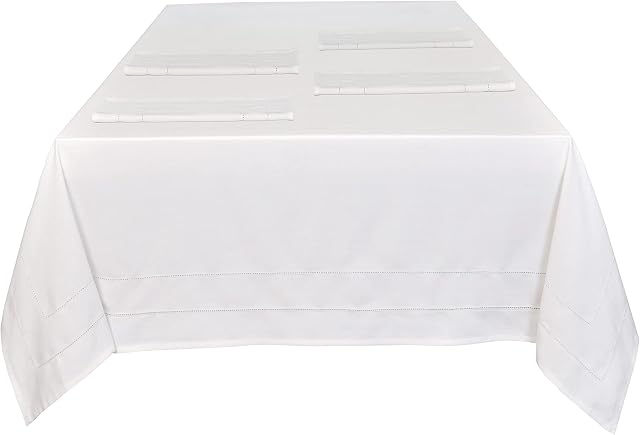 Sleepdown Plain Printed Decorative 100% Cotton Half Panama Table Cloth for Dining Table - Durable Stain Resistant Table Cover - White - 137cm x 178cm