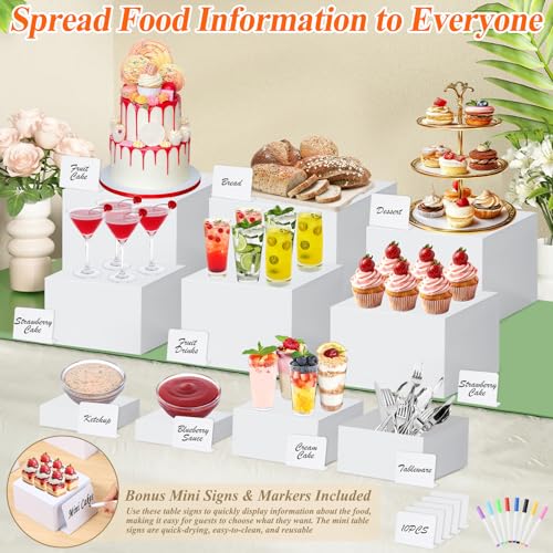 10 Pcs White Acrylic Buffet Risers with Mini Sign and Marker, Food Display Stands for Buffet Table Party Catering Dessert Jewelry Collectibles, Acrylic Cube Nesting Boxes with Hollow Bottoms 8 Sizes - Image 8