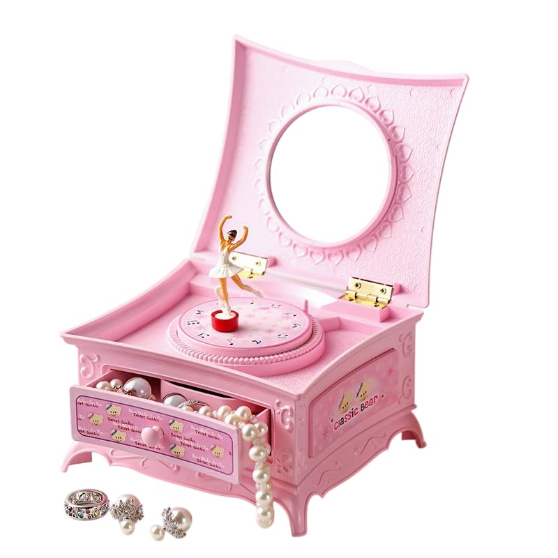 Caja de música tocador rosa con bailarina giratoria y joyero vintage
