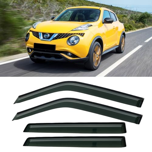 Image of Rain Guards Window Visor for 2011-2017 Nissan Juke Out-Channel | Shields Vent Deflector Shade Wind Dark Smoke 2012 2013 2014 2015 2016 11 12 13 14 15 16 17, Outside-Mount, 4PCS