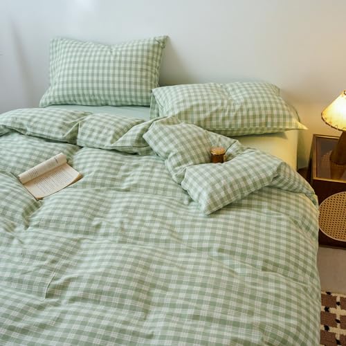 Image of EAVD Vintage Style Green&White Plaid Gingham Duvet Cover Twin Soft 100% Washed Cotton Fresh Grid Checkered Gingham Bedding Set with 2 Pillowcases Farmhouse Green Plaid Duvet Cover with Zipper Closure