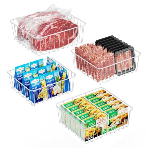 Image of iSPECLE Freezer Organizer Bins - 4 Pack Small Freezer Bin for 5 / 6 / 6.5 / 6.8 / 7 cu.ft Standup Freezer Easy Get, Stop Food Fall out, Upright Freezer Baskets Allow Air Circulation, White