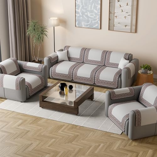 Image of Kuber Industries 5 Seater Sofa with Arm Cover | Slipcover for Living Room | Thick & Cozy | Non-Slip Comfort Sofa Cover Set | Paradise Diamond 1372 - Cream & Purple