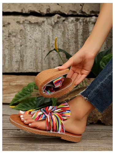 OYOANGLE Women's Colorful Bow Knot Toe Post Slide Sandals Comfortable Open Toe Sandals Summer Beach Shoes4