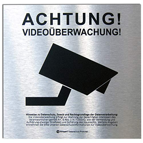 DSGVO+BDSG Datenschutz-Schild ALU-Info-Aushang Video-Überwachung 15x15cm Aluminium gebürstet