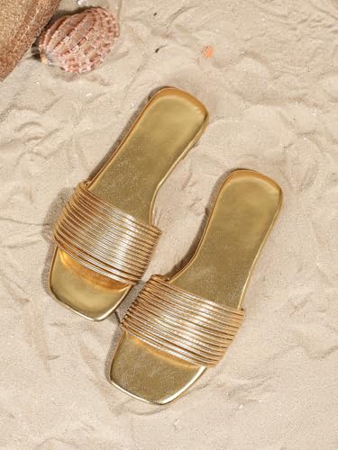 Verdusa Women's Summer Beach Sandals Square Toe Strappy Flat Sandals Slip On Metallic Sandal2