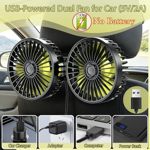Image of Car Backseat Fan for Backseat Kids, Dual Head Usb Car Headrest Fan for Car Backseat Kids (No Battery)
