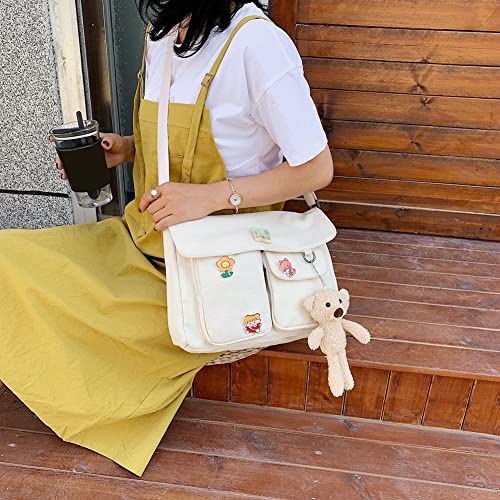 Canvas Crossbody Bag With Kawaii Pins And Pendent For Women Girls Casual Shoulder Messenger Bag Students Schoolbag #TOP2