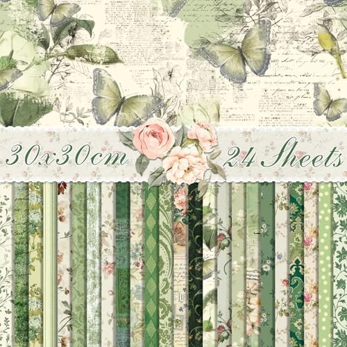 Green Scrapbook Paper Green Floral Pattern Papers Pad 12×12,24 Sheets Double-Sided Bobo Floral Scrapbooking CardStock Paper Supplies for Holiday Cardmaking DIY Junk Jounal Papers.