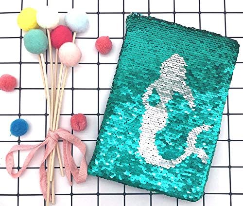 GINMLYDA Reversible Sequin Notebook for Girls, Cute Mermaid A5 Size Little Girls Diary for Writing Drawing, Perfect Christmas Birthday Gifts Sliver to Green 160 Pages