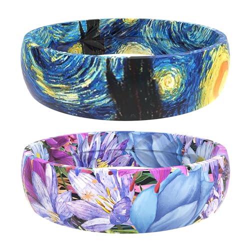 Zollen Silicone Wedding Rings for Women 2 Packs ，Breathable Printed Design with Leaves，Unique...