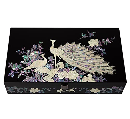 Antique Alive Mother of Pearl Wood Sunglasses Box Eyeglasses Valet Display Storage Case for Glasses Jewelry Trinkets Accessory Organizer (Peacock Black)