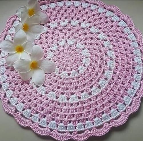 Image of Kavya Craft Present Woollen Handmade Crochet Table Mat /Thal posh (Pink White, 15inch)