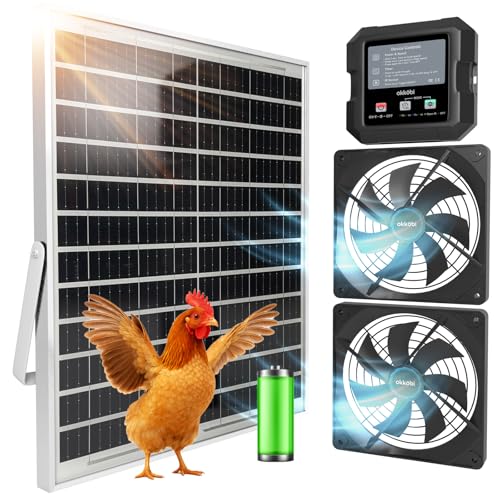 OKKBI Okkbi Solar Fan with Battery for Chicken Coop and Greenhouse Dual Solar Ventilation Air Intake or Exhaust Control Box with 3 Modes 25W Solar Panel 4.7-Inch Fans IPX4 Water-Resistant