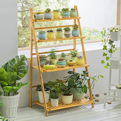 MoNiBloom Folding Bamboo Ladder Shelf 4 Tier Flower Pot Plant Display Rack Stand Organizer Holder for Home Garden Patio Balcony Indoor Outdoor Use (Length 27.2", Natural)