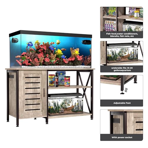 Image of Herture 55-75 Gallon Fish Tank Stand, Aquarium Stand with Power Outlets and Cabinet for Fish Tank Accessories Storage, Heavy Duty Metal Frame, 52 inch L*19.68 inch W Tabletop, 1200LBS Capacity, Grey PG05YGZ