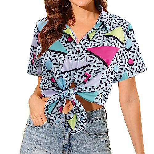 80s 90s Outfits for Women Retro Theme Party Disco Shirt 80s Hawaiian Shirt Neon Button Down Short Sleeve Blouse Tops3
